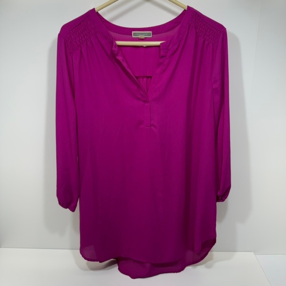 Pleione Women Large Magenta Pink Split V-Neck Smocked Shoulder Long Sleeve Top